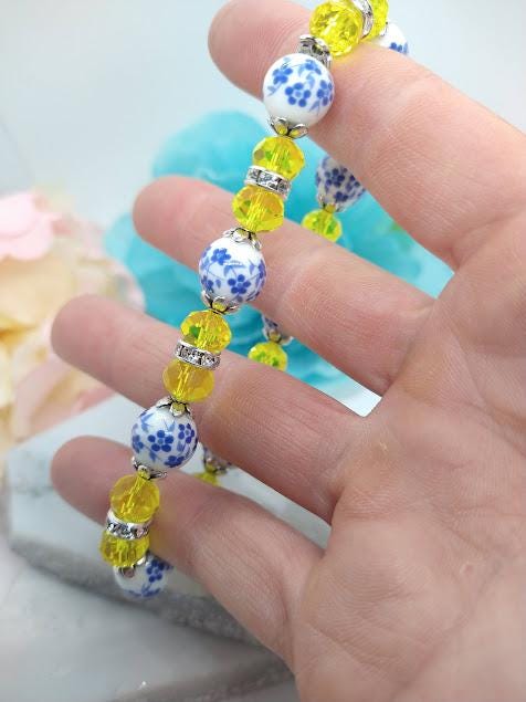 Blue Porcelain Flower Bracelet: Yellow Crystal Beaded Jewelry