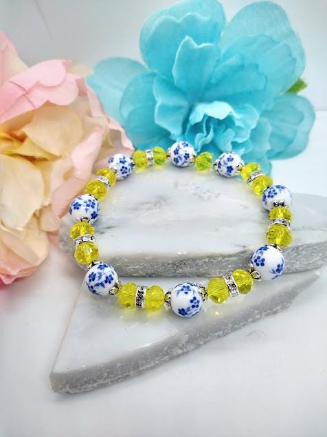 Blue Porcelain Flower Bracelet: Yellow Crystal Beaded Jewelry