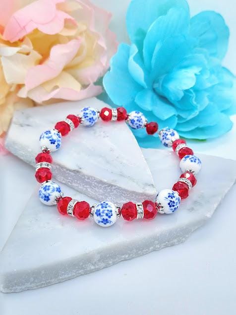 Blue Porcelain Flower Bracelet: Red Crystal Beaded Stretch Jewelry