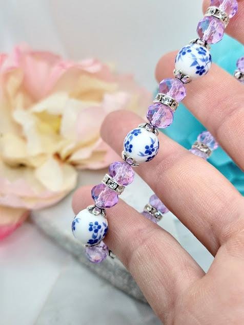 Handmade Blue Porcelain Flower Bracelet: Purple Crystal Beaded Jewelry