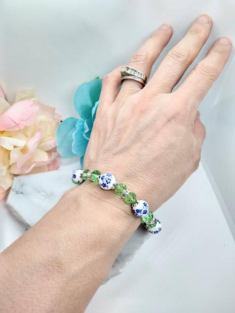 Blue Porcelain Flower Bracelet: Green Crystal Beaded Jewelry