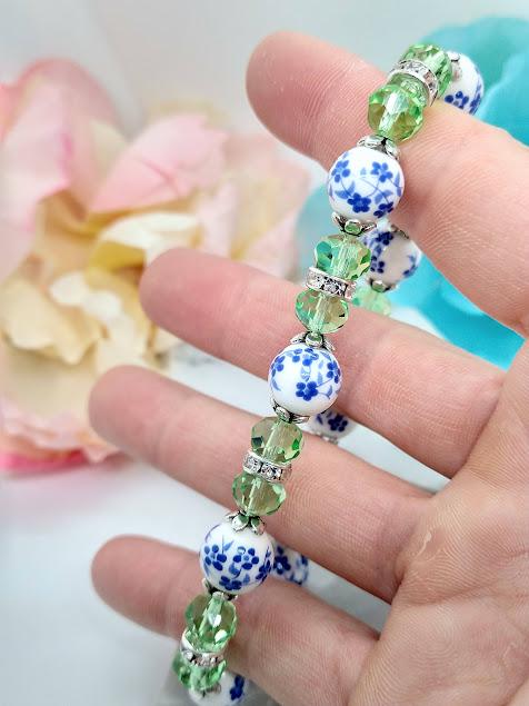 Blue Porcelain Flower Bracelet: Green Crystal Beaded Jewelry
