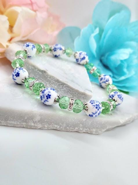 Blue Porcelain Flower Bracelet: Green Crystal Beaded Jewelry