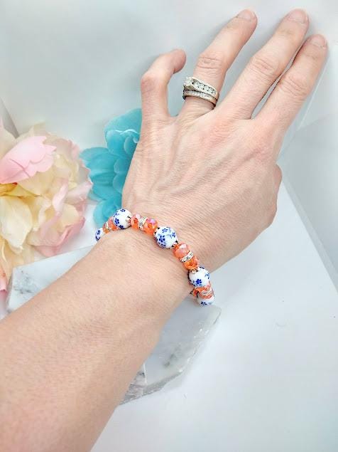 Blue Porcelain Flower Bracelet: Orange Crystal Floral Jewelry