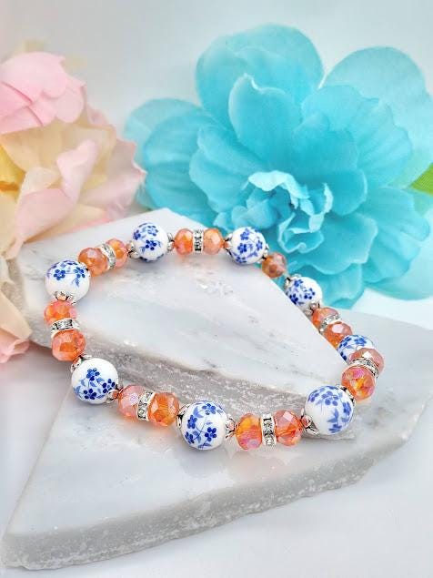 Blue Porcelain Flower Bracelet: Orange Crystal Floral Jewelry