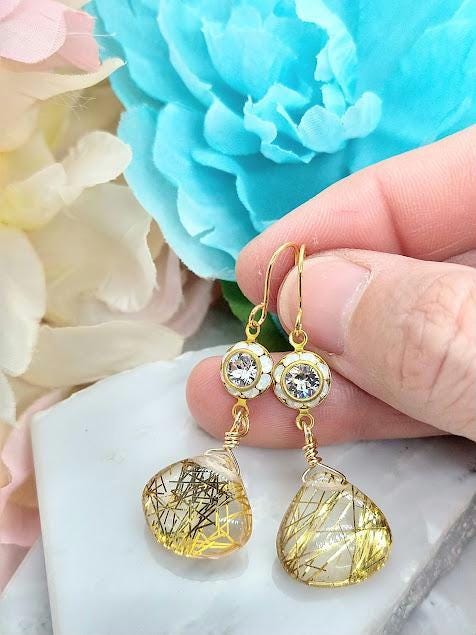 14k Gold Vermeil Rutilated Quartz Teardrop Earrings with Crystal