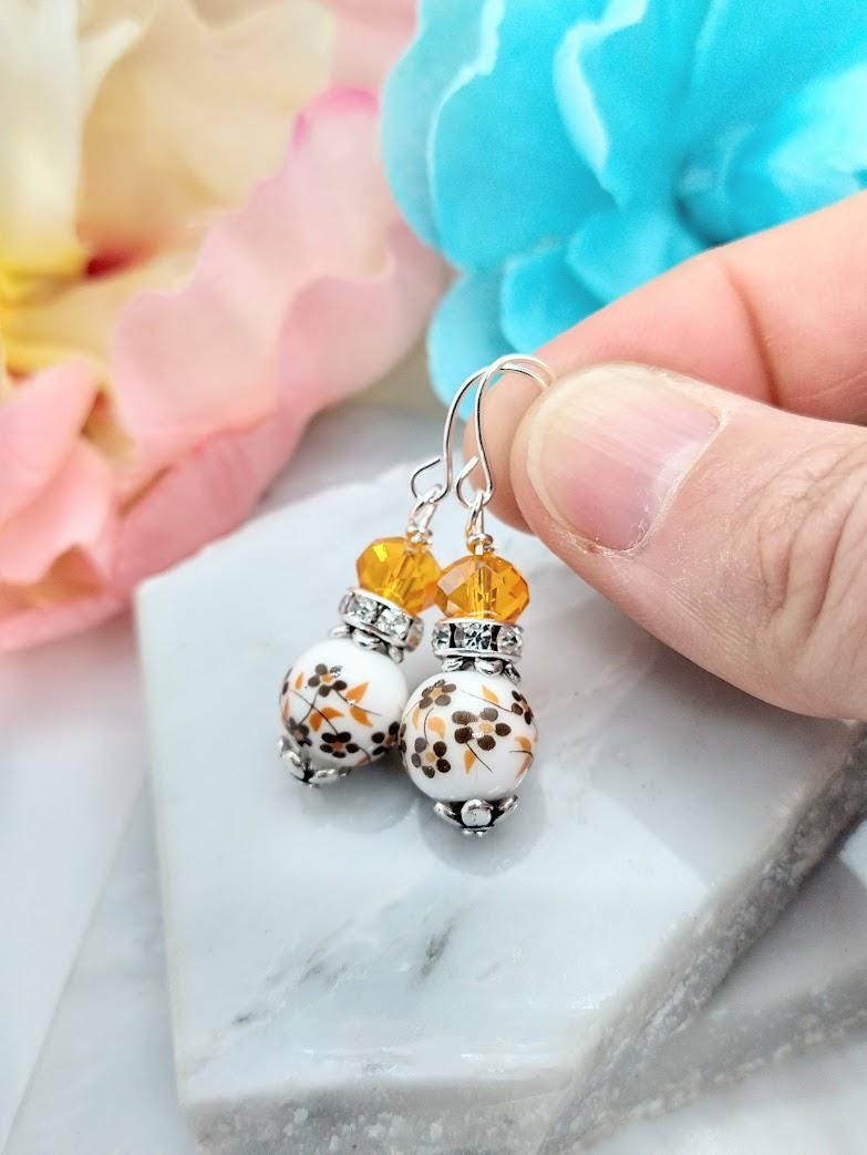 Porcelain Birth Flower Earrings: Sterling Silver Dangle Jewelry