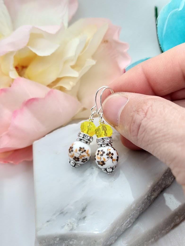 Birth Flower Earrings: Sterling Silver Floral Porcelain Dangle Earrings