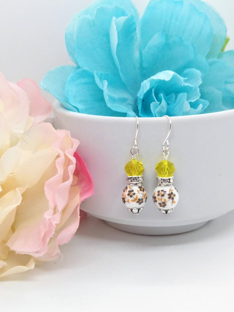 Birth Flower Earrings: Sterling Silver Floral Porcelain Dangle Earrings
