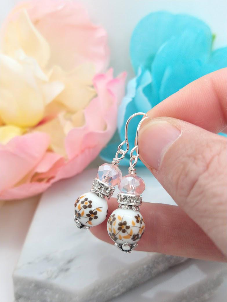 Birth Flower Earrings: Sterling Silver Floral Porcelain Dangle