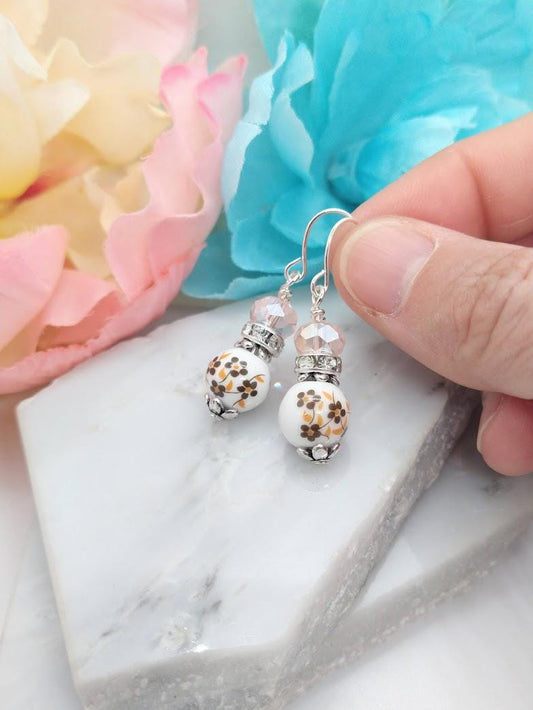 Birth Flower Earrings: Sterling Silver Floral Porcelain Dangle