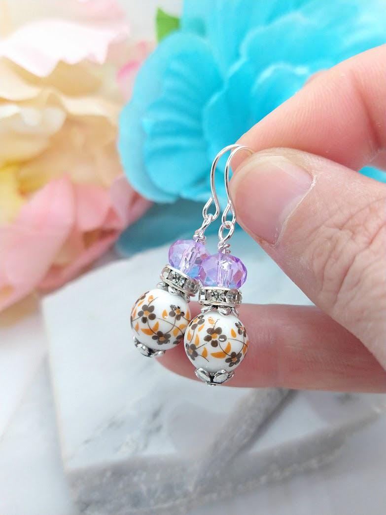 Birth Flower Earrings: Custom Porcelain Floral Dangle, Sterling Silver