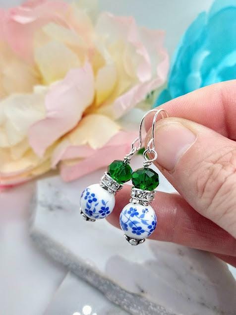 Blue Floral Earrings: Sterling Silver Dangle Earrings with Green Accents