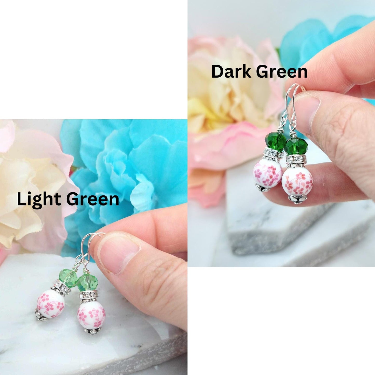Pink Floral Bead Dangle Earrings: Green Crystal Accents, Spring Jewelry