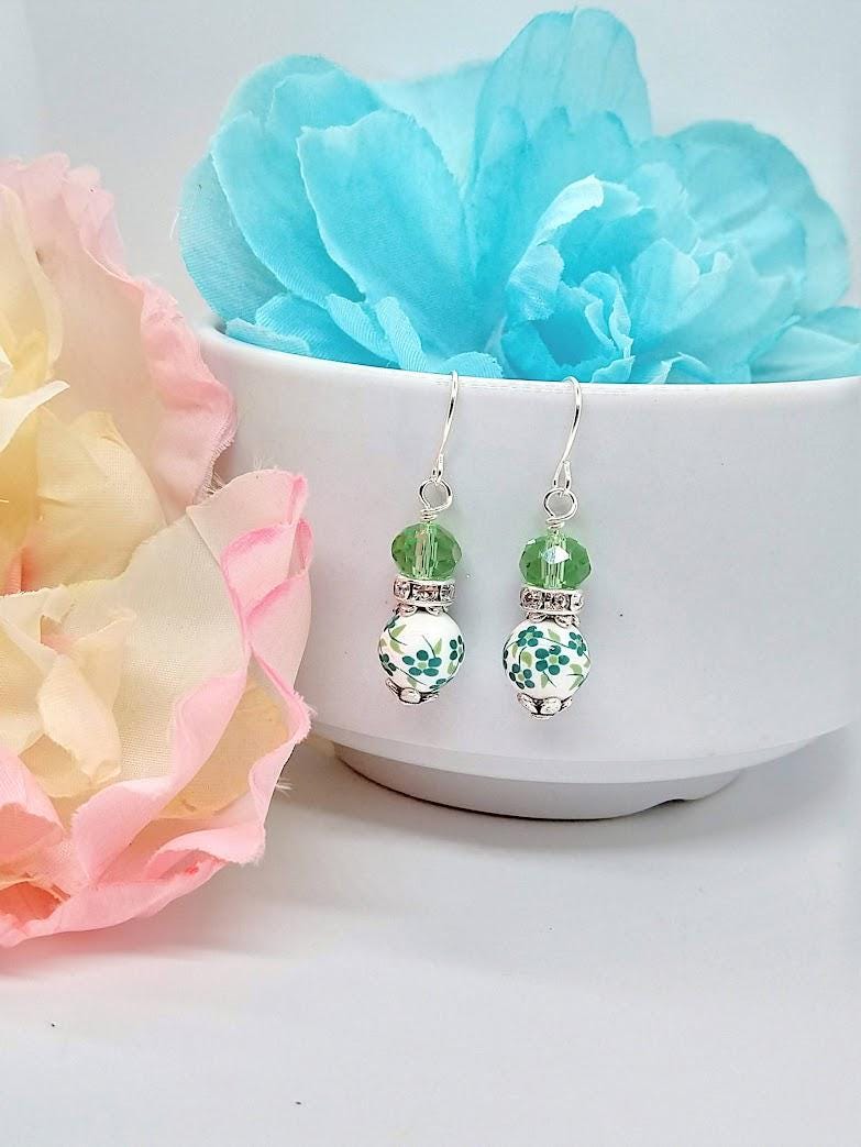 Porcelain Flower Earrings: Sterling Silver Floral Dangles