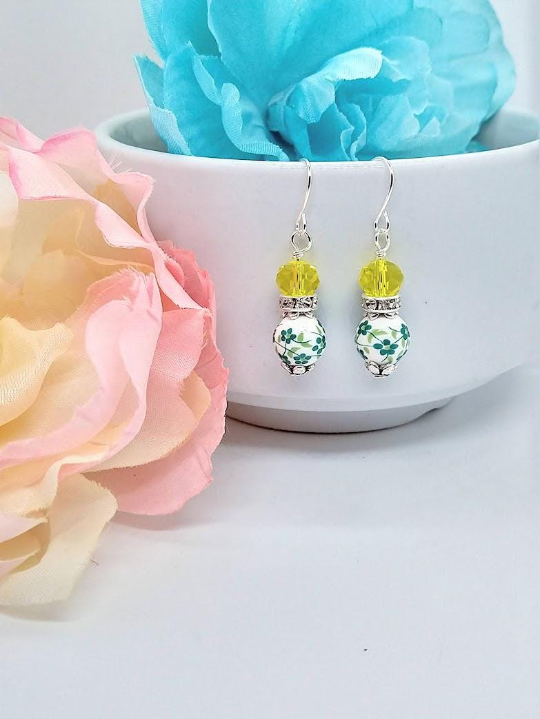 Green Ceramic Flower Earrings: Sterling Silver Dangle, Floral Gift