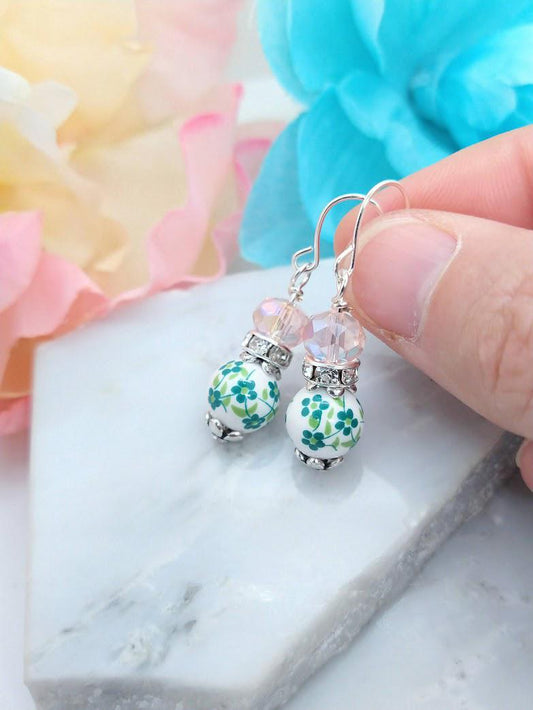 Green Floral Porcelain Earrings: Sterling Silver Flower Earrings