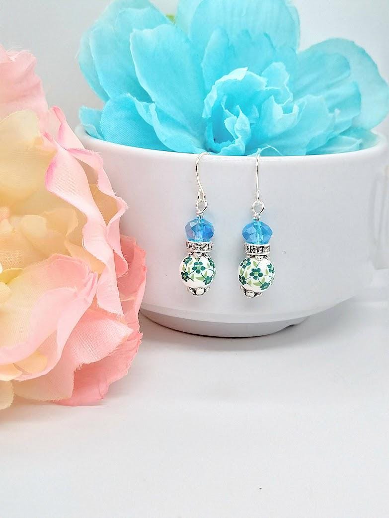 Sterling Silver Porcelain Flower Earrings: Spring Floral Dangles