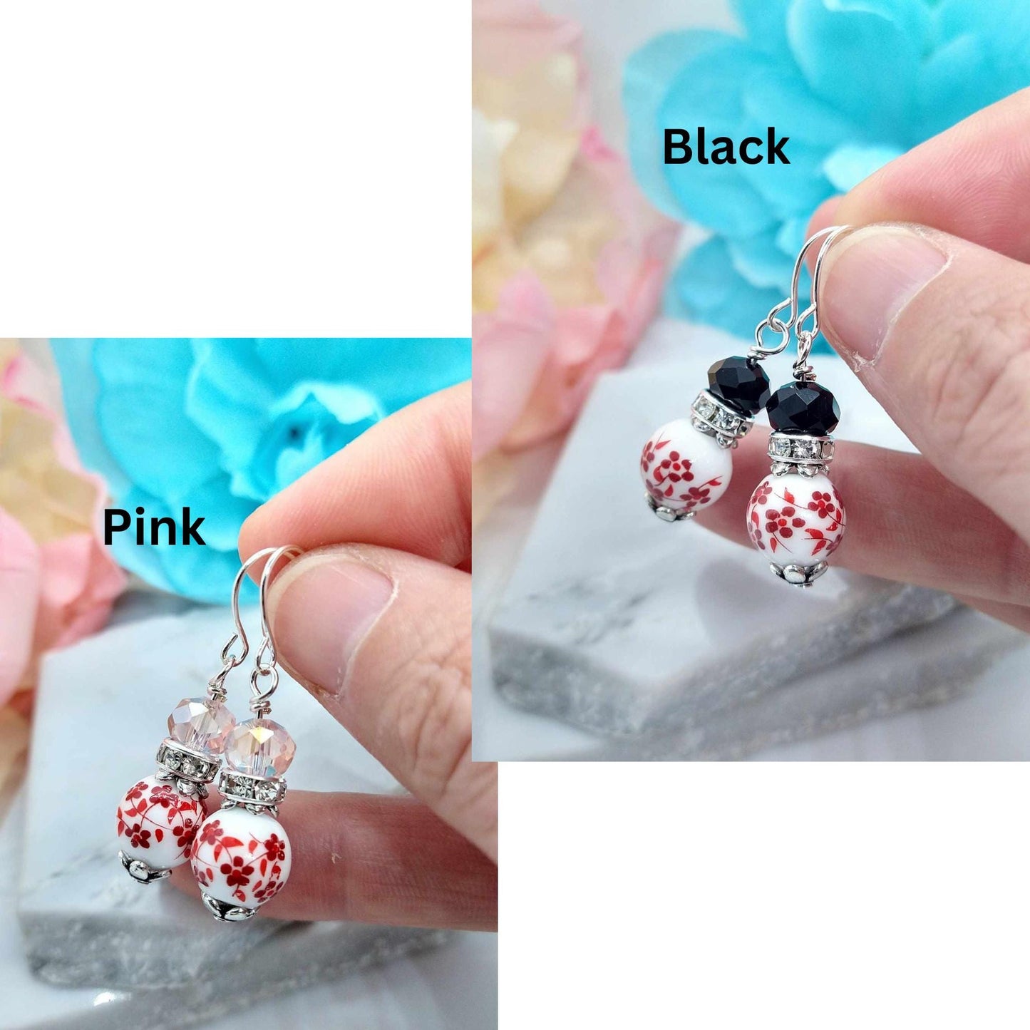 Red Floral Porcelain Earrings: Silver-Plated Cherry Blossom Jewelry