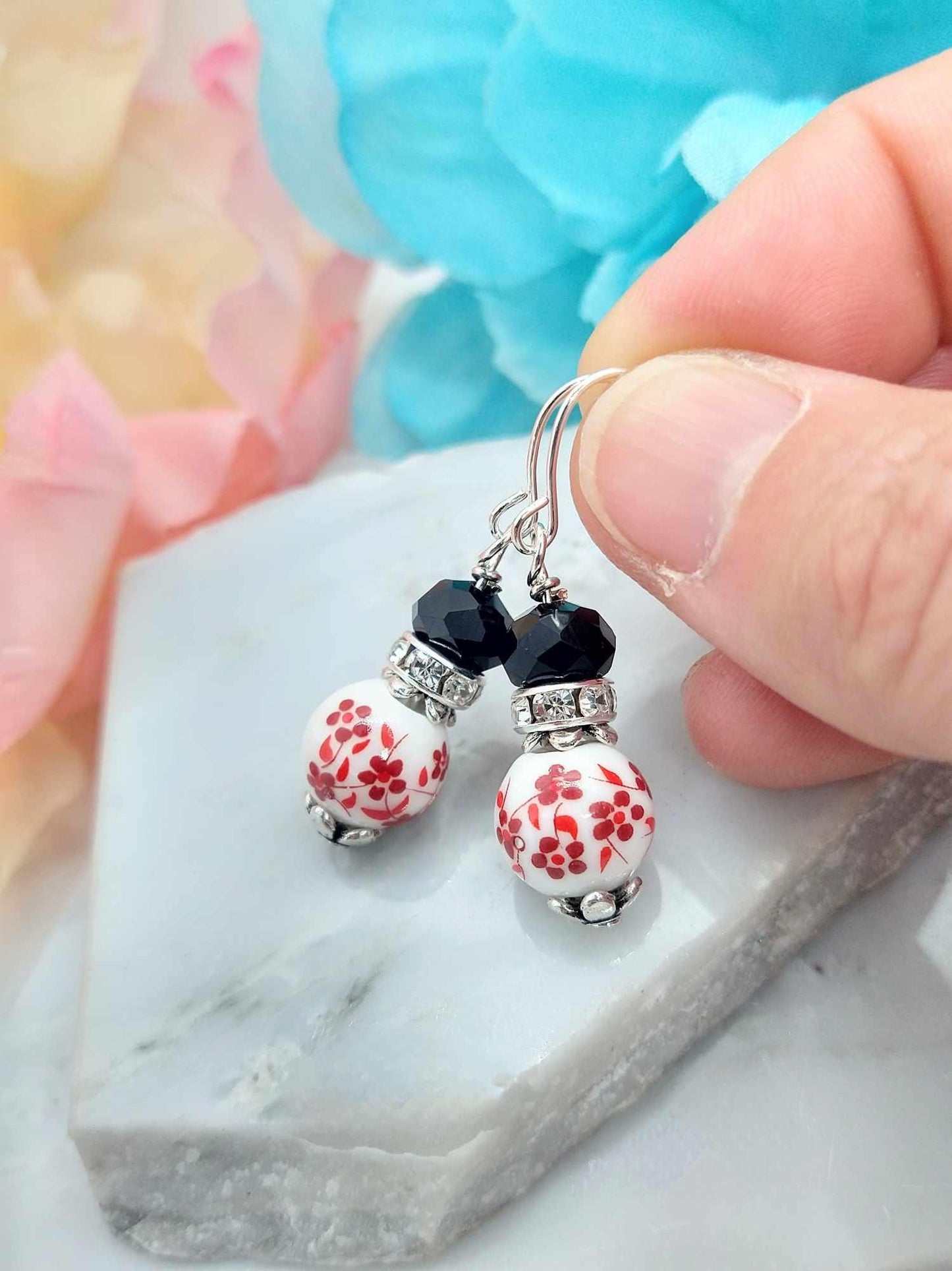 Red Floral Porcelain Earrings: Silver-Plated Cherry Blossom Jewelry