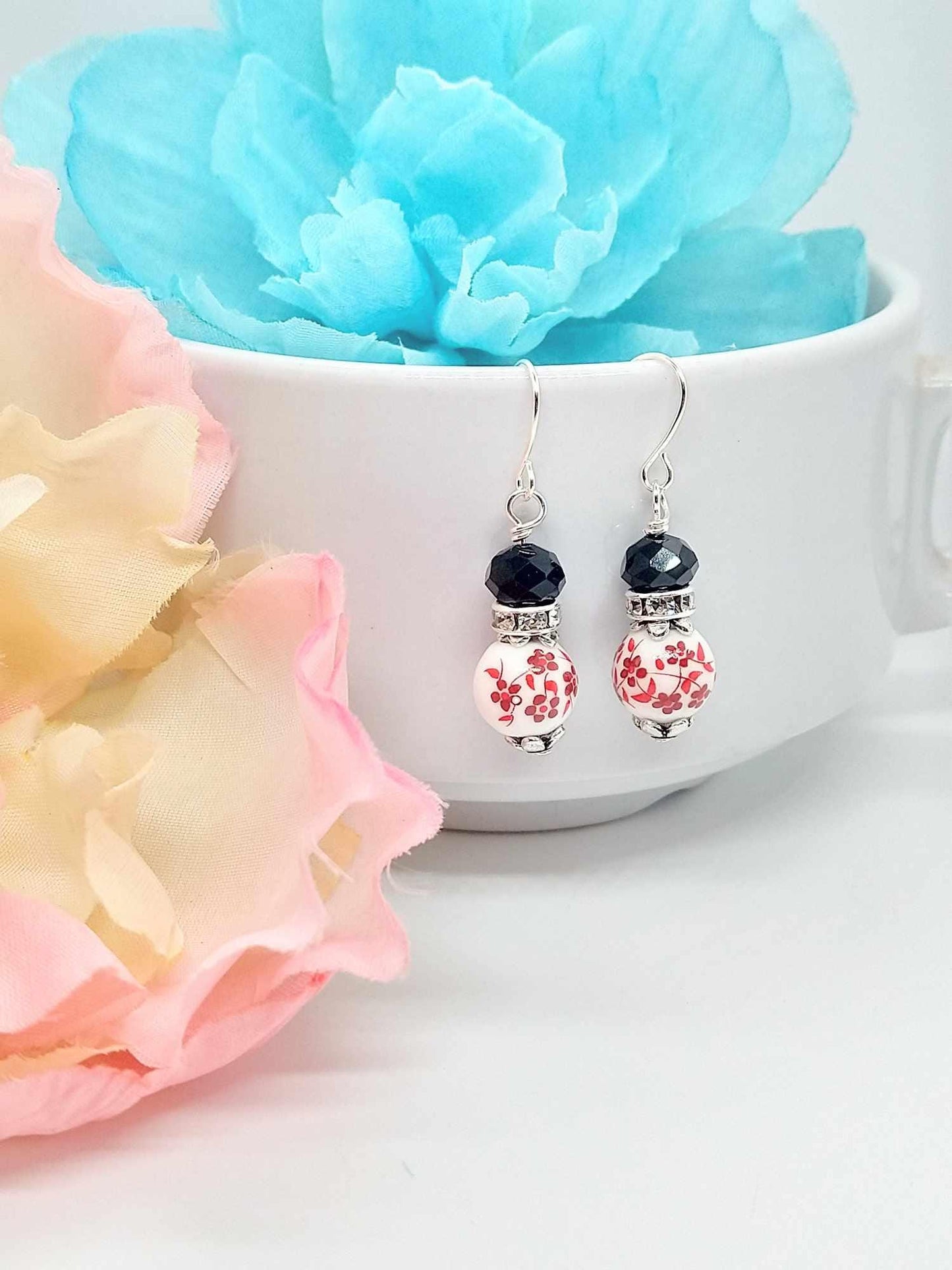 Red Floral Porcelain Earrings: Silver-Plated Cherry Blossom Jewelry
