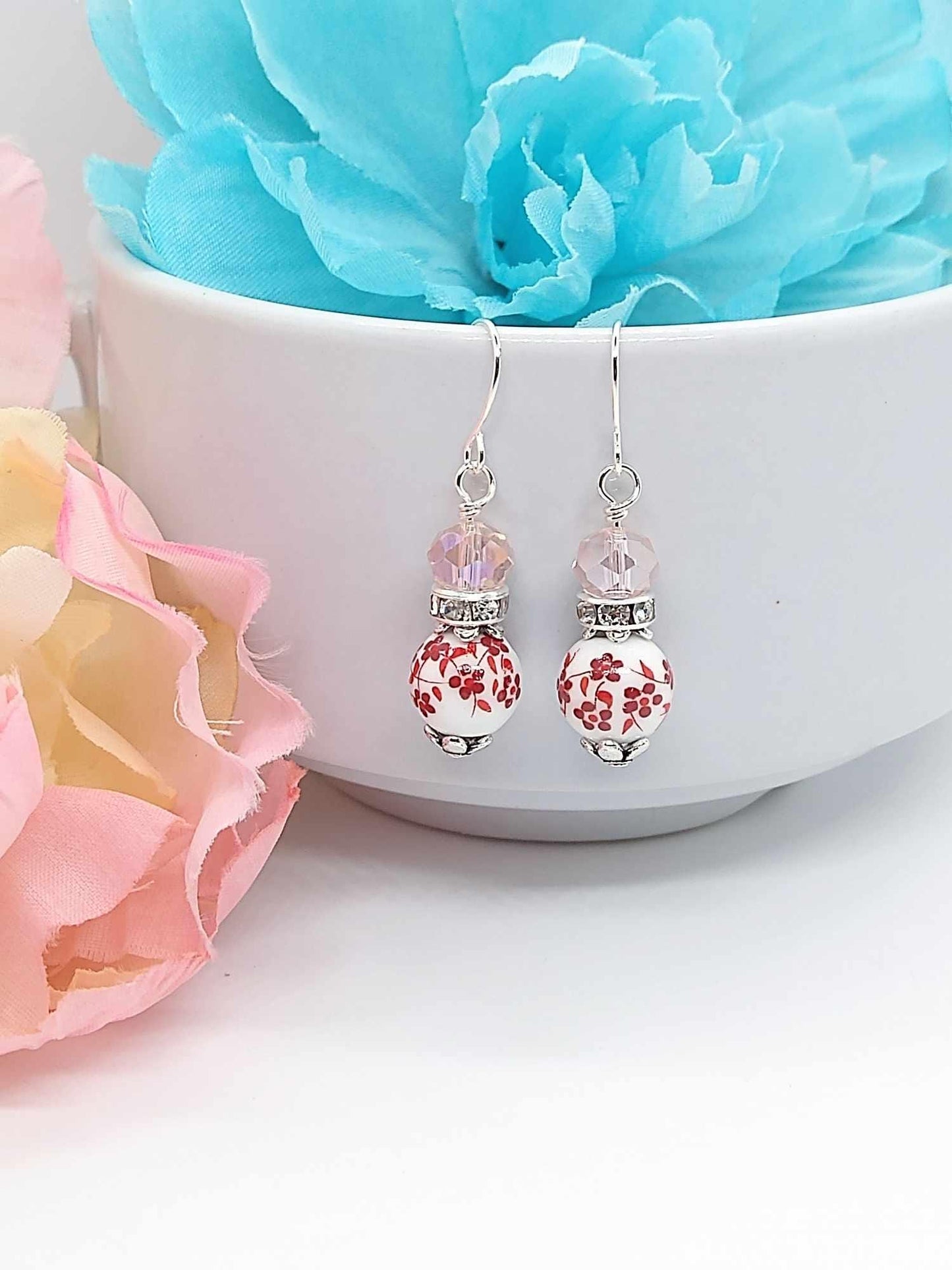 Red Floral Porcelain Earrings: Sterling Silver Flower Earrings