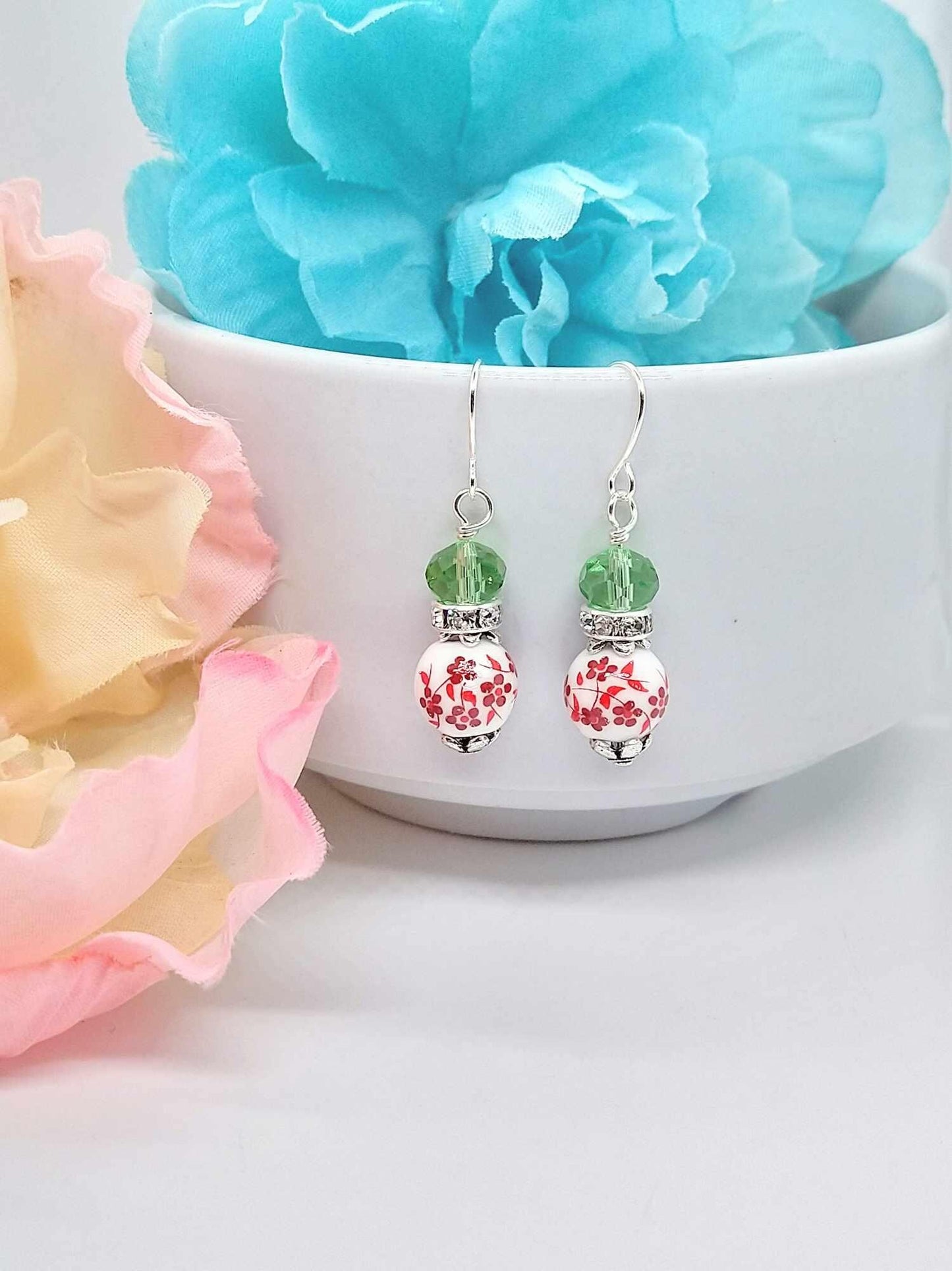 Red Floral Porcelain Earrings: Sterling Silver Cherry Blossom Jewelry