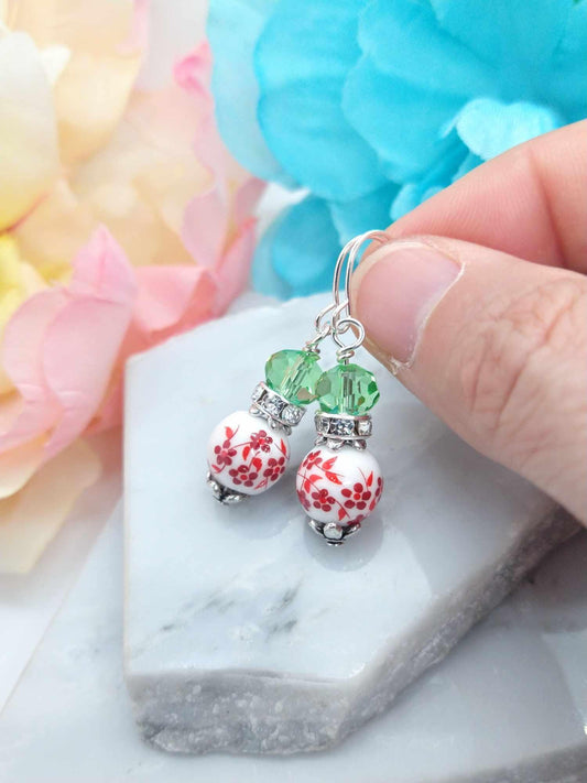 Red Floral Porcelain Earrings: Sterling Silver Cherry Blossom Jewelry