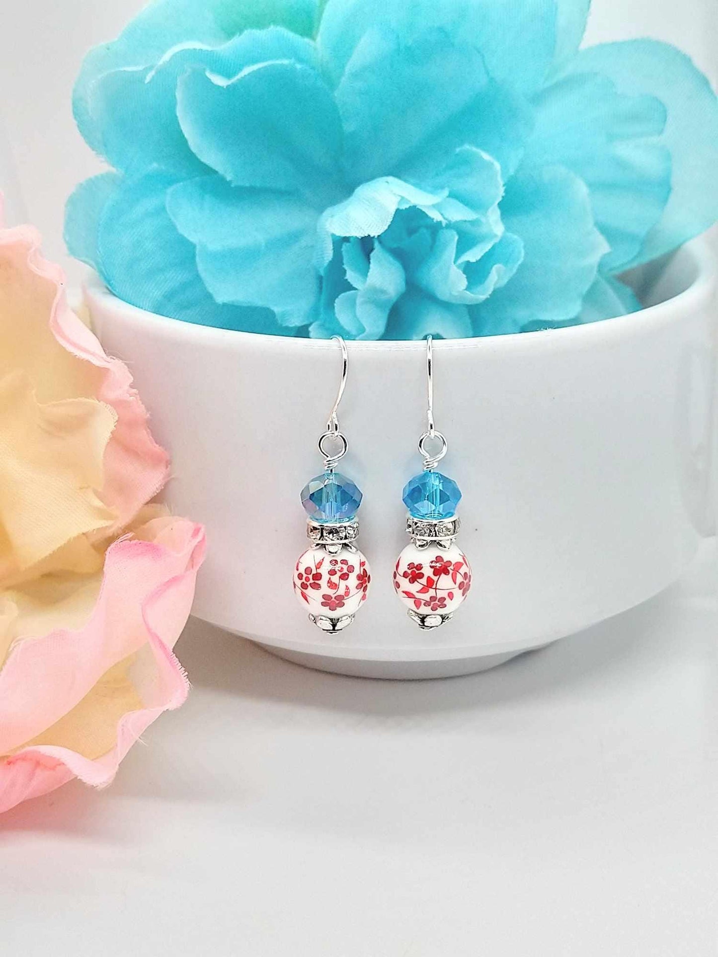 Red Flower Porcelain Earrings: Sterling Silver Floral Dangle Earrings