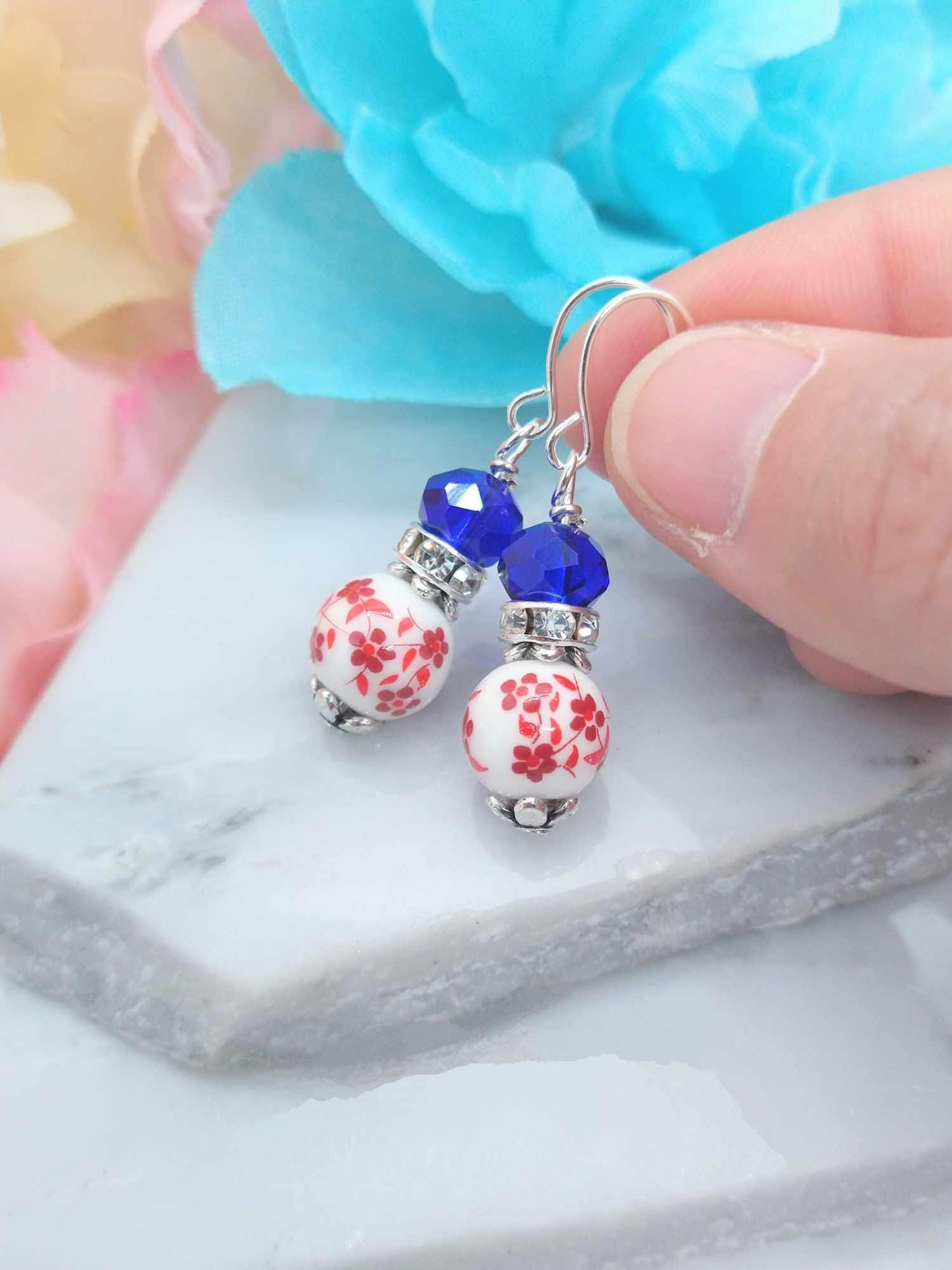 Red Floral Porcelain Earrings: Sterling Silver-Plated Dainty Jewelry