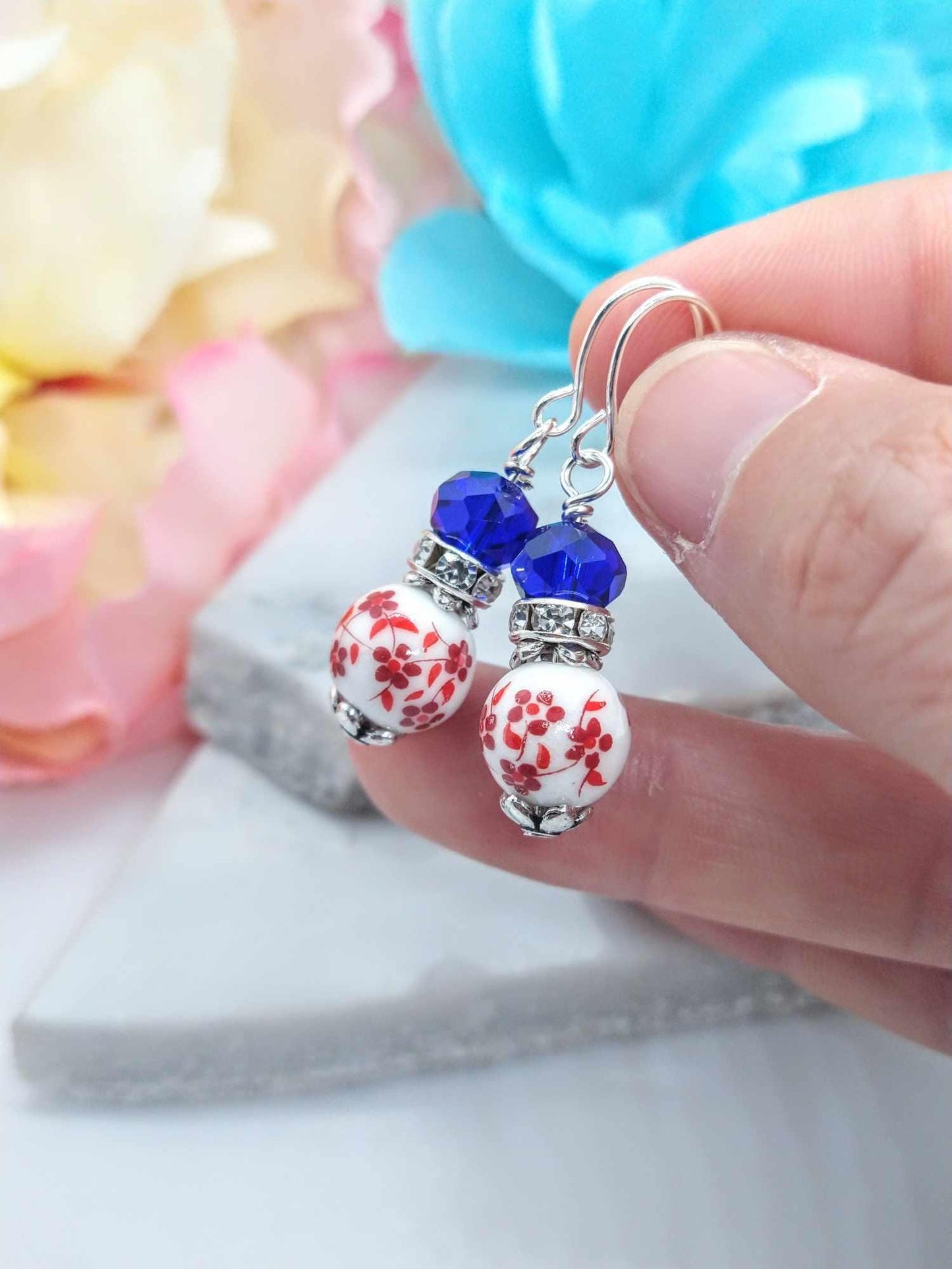 Red Floral Porcelain Earrings: Sterling Silver-Plated Dainty Jewelry