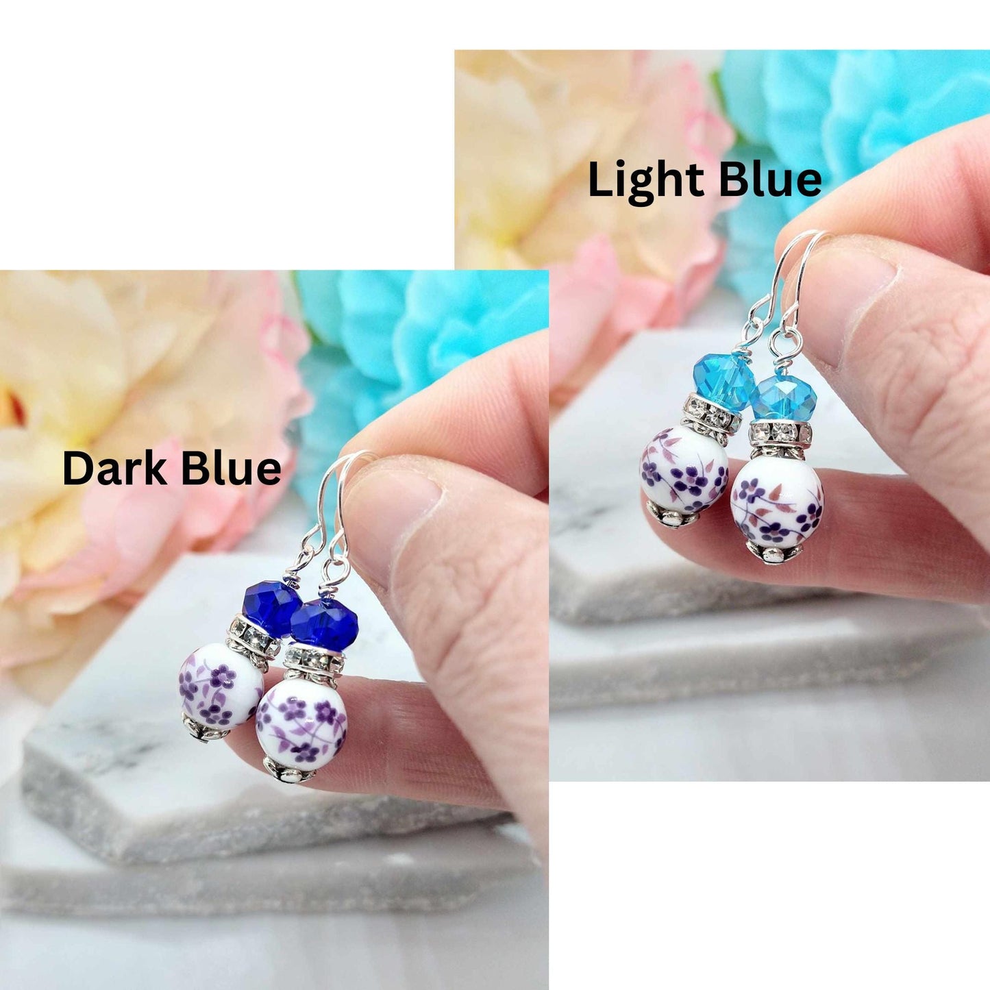 Floral Porcelain Dangle Earrings: Sterling Silver, Nature-Themed