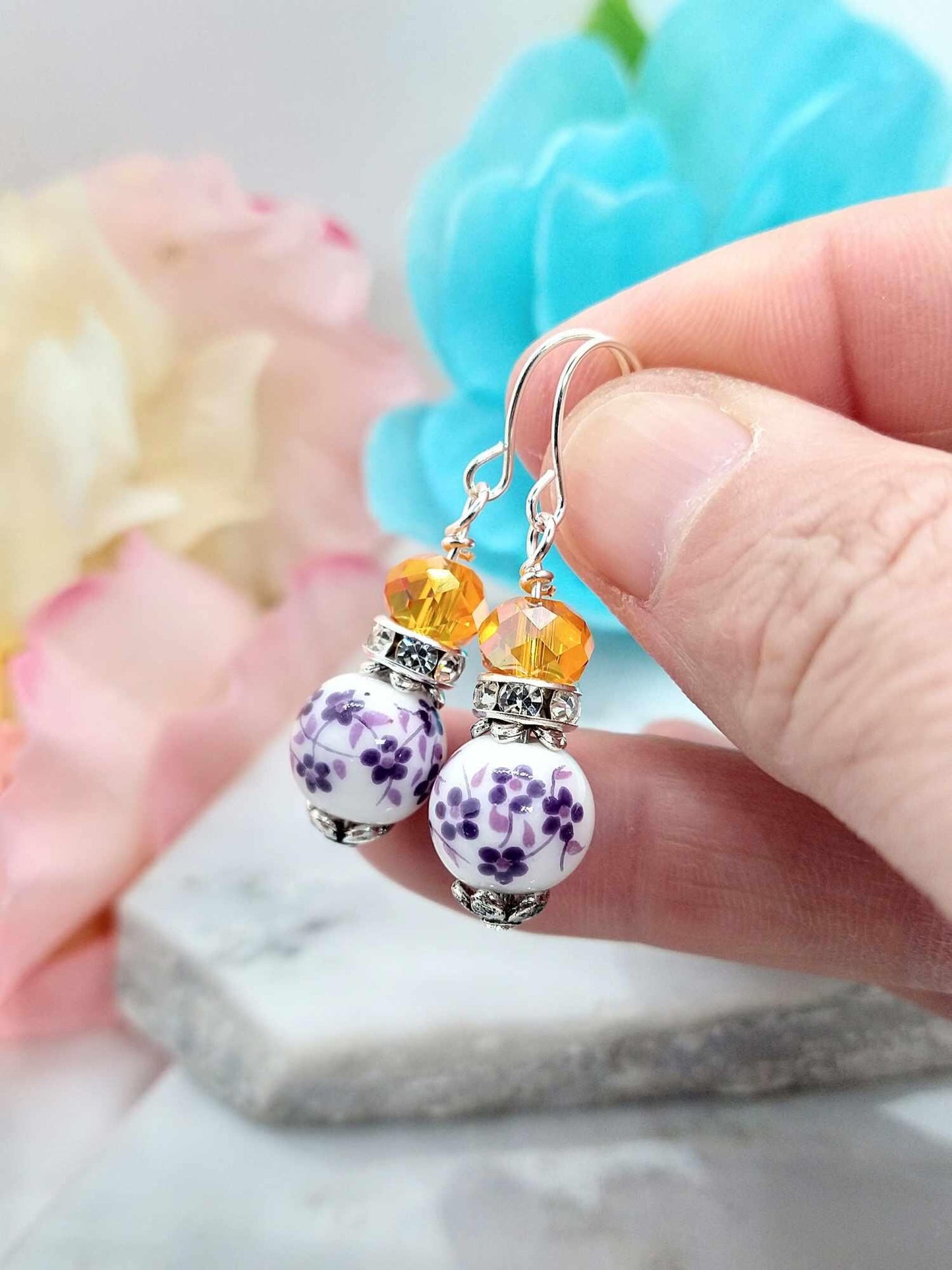 Floral Porcelain Dangle Earrings: Sterling Silver Flower Earrings