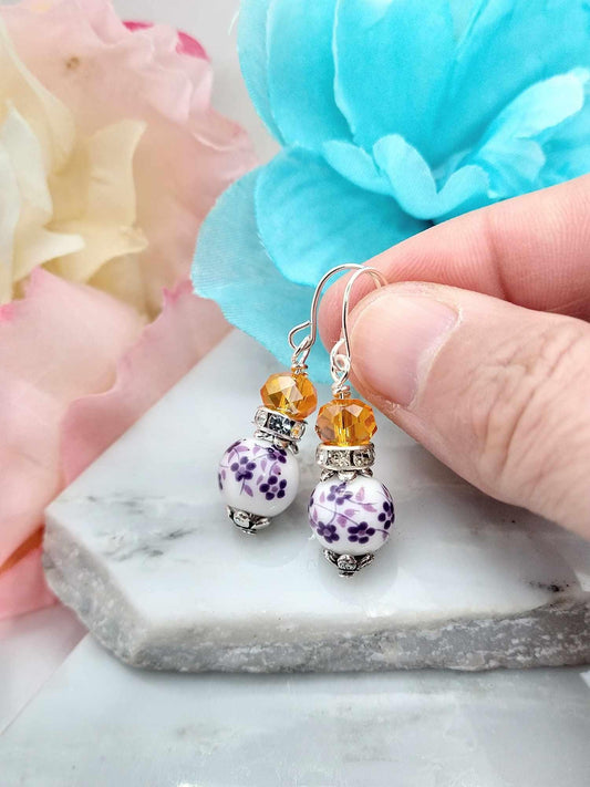 Floral Porcelain Dangle Earrings: Sterling Silver Flower Earrings