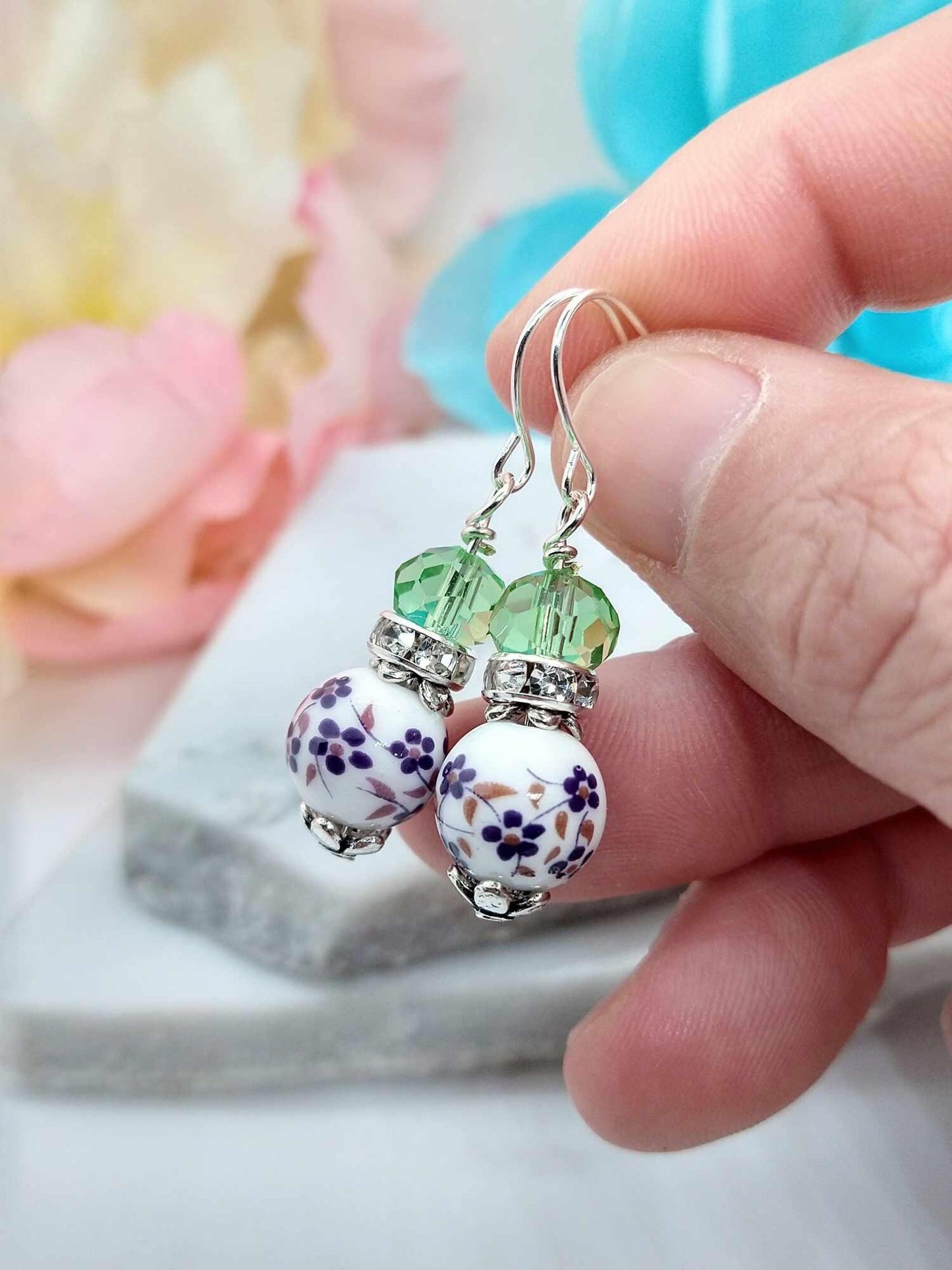 Floral Porcelain Dangle Earrings: Sterling Silver Flower Jewelry