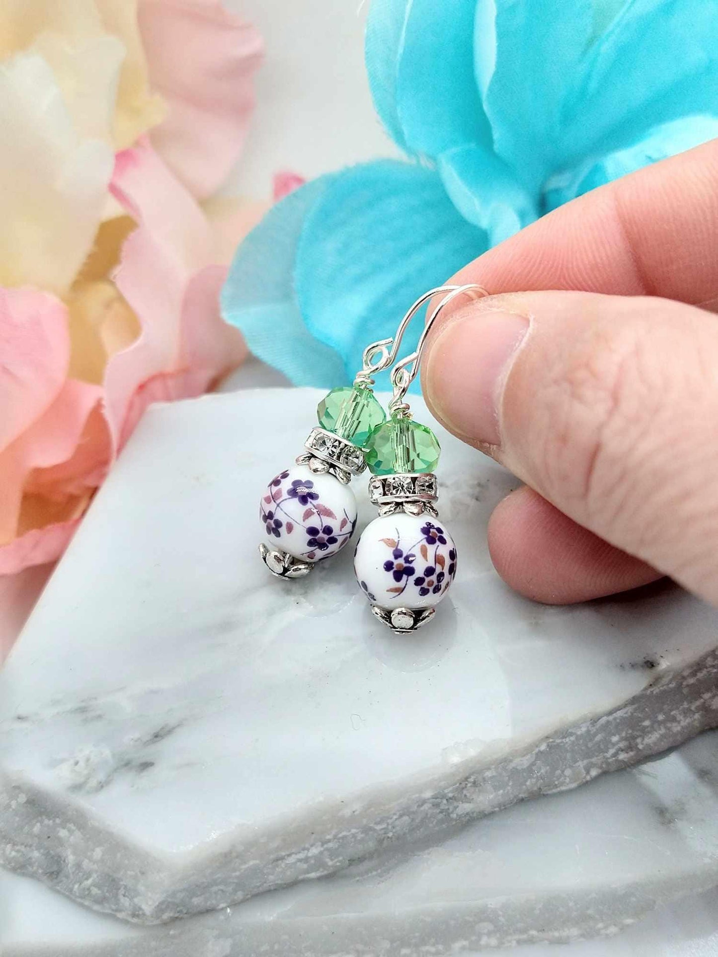 Floral Porcelain Dangle Earrings: Sterling Silver Flower Jewelry