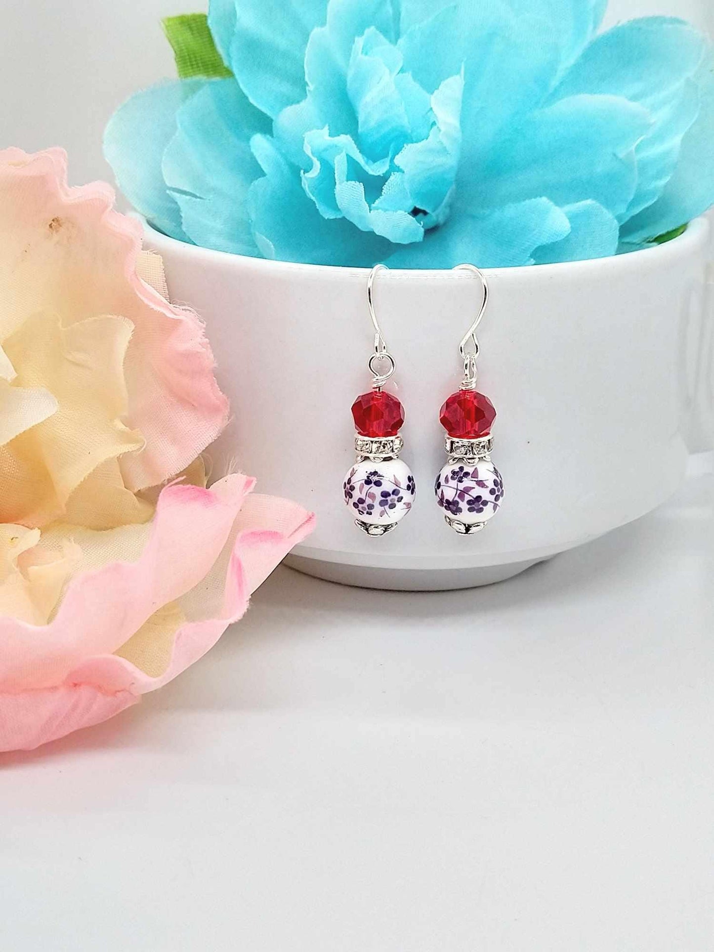 Floral Dangle Earrings: Porcelain Flower, Sterling Silver, Nature Jewelry