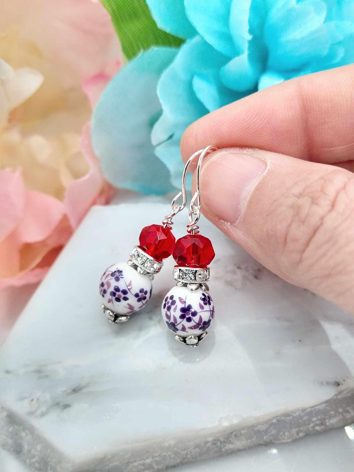 Floral Dangle Earrings: Porcelain Flower, Sterling Silver, Nature Jewelry