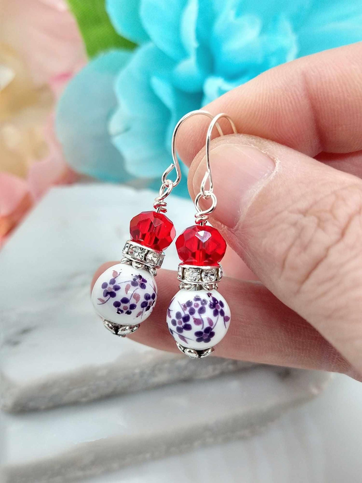 Floral Dangle Earrings: Porcelain Flower, Sterling Silver, Nature Jewelry
