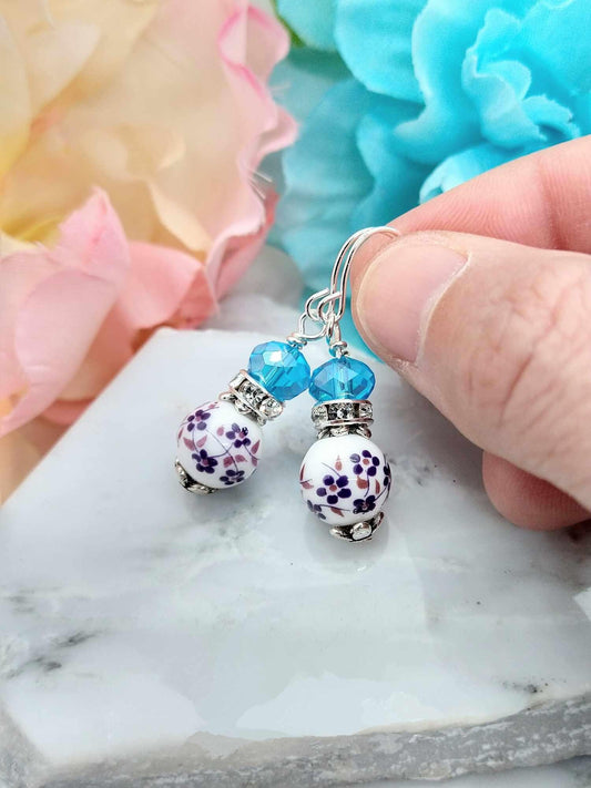 Lilac Porcelain Bead Dangle Earrings: Sterling Silver Floral Jewelry