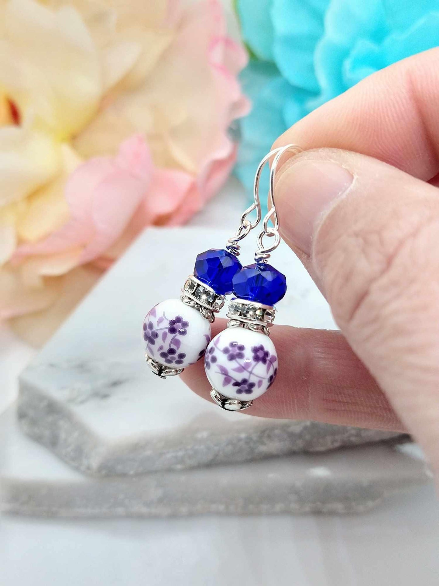 Lilac Flower Dangle Earrings: Porcelain Floral Silver-Plated Jewelry