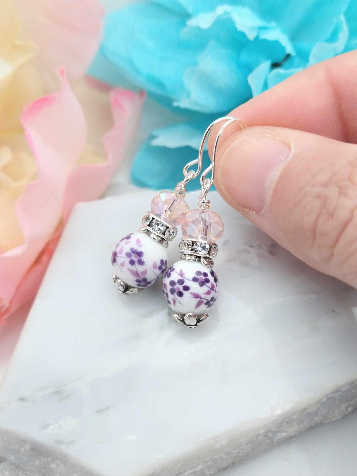 Valentine’s Gift for Her, Pink & Purple Floral Earrings, Romantic Gift for Wife or Girlfriend, Handmade Dainty Jewelry
