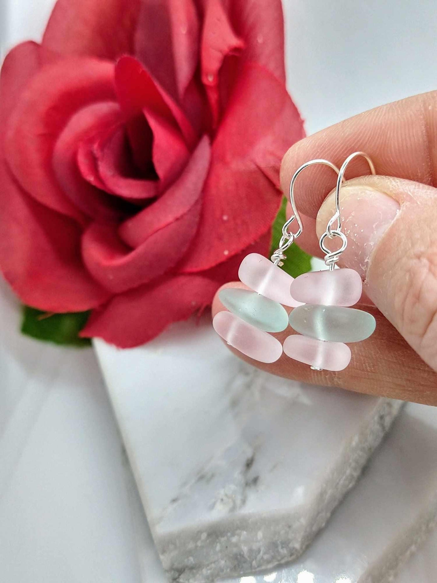 Pink Seaglass Dangle Earrings: Sterling Silver Beach Stone Drop