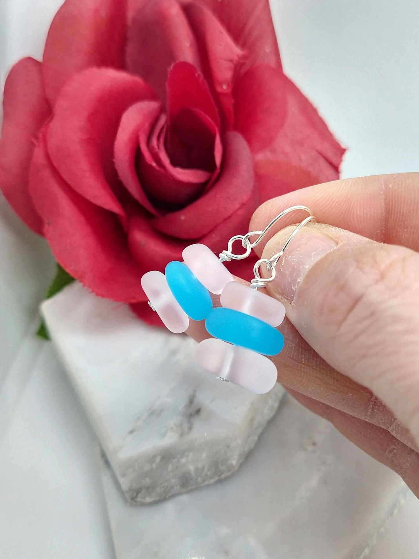 Pink Seaglass Earrings: Sterling Silver Dangle, Beach Stone Drop