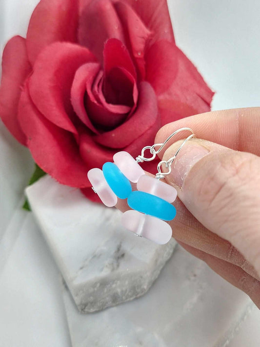 Pink Seaglass Earrings: Sterling Silver Dangle, Beach Stone Drop
