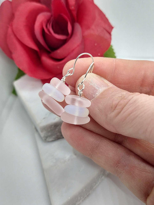 Pink Seaglass Dangle Earrings: Sterling Silver Beach Stone Drop Earrings