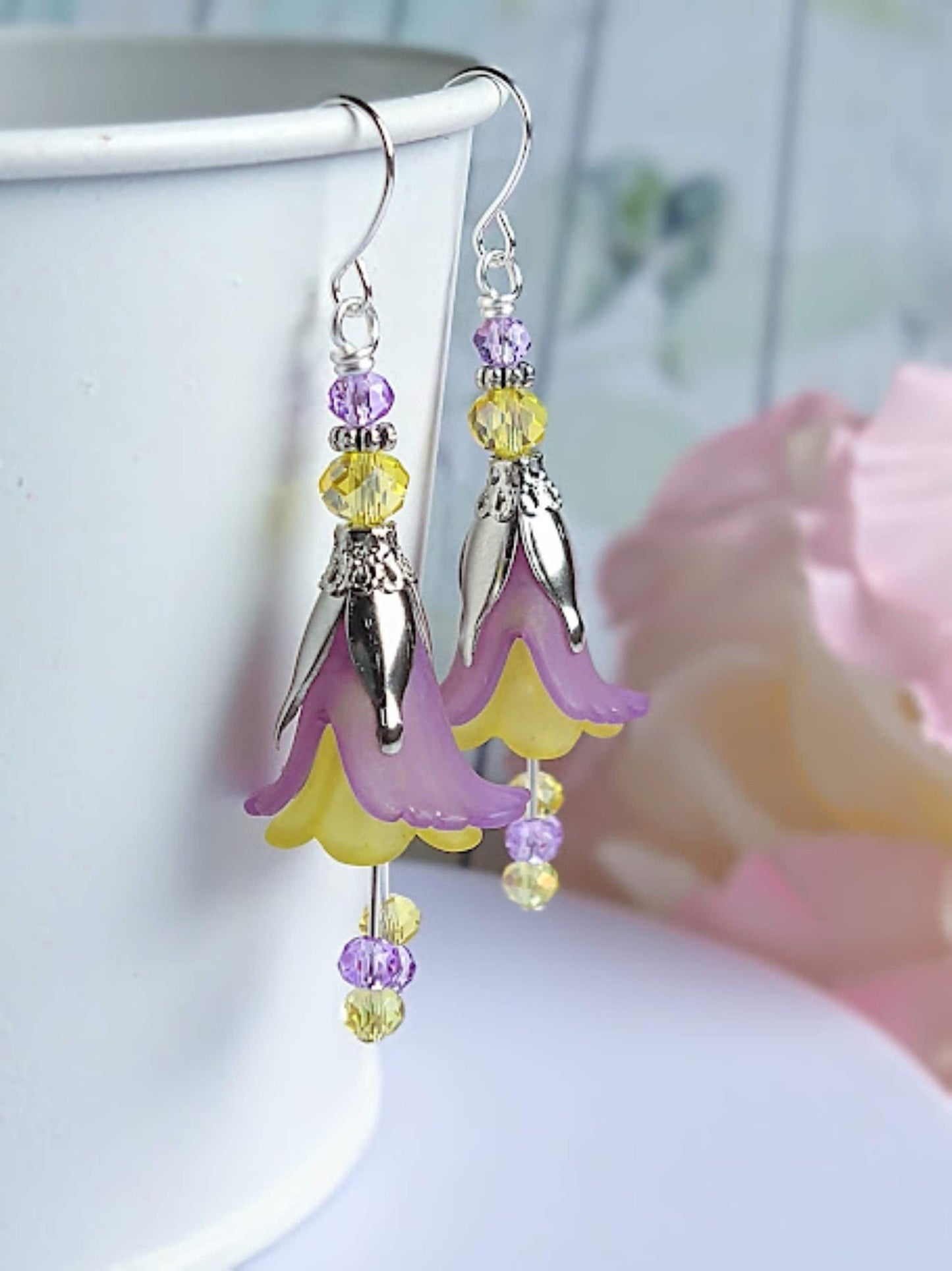 Purple Flower Dangle Earrings: Acrylic Floral Beads, Gift Box