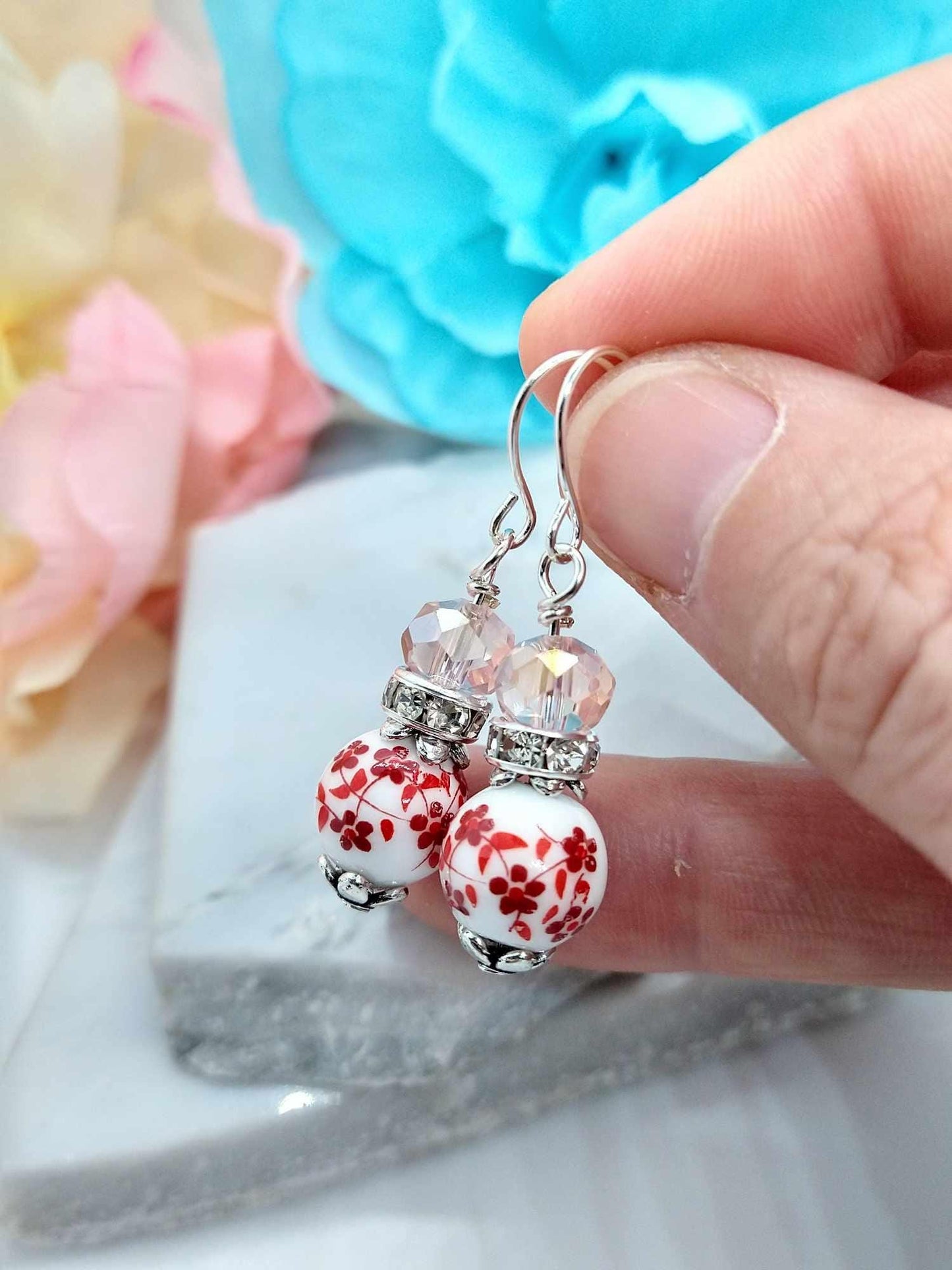 Red Floral Porcelain Earrings: Sterling Silver Flower Earrings