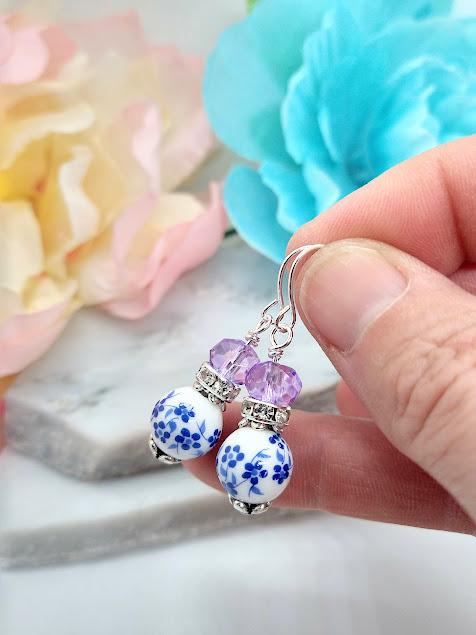 Blue Floral Dangle Earrings: Silver Plated Brass, Purple Accents