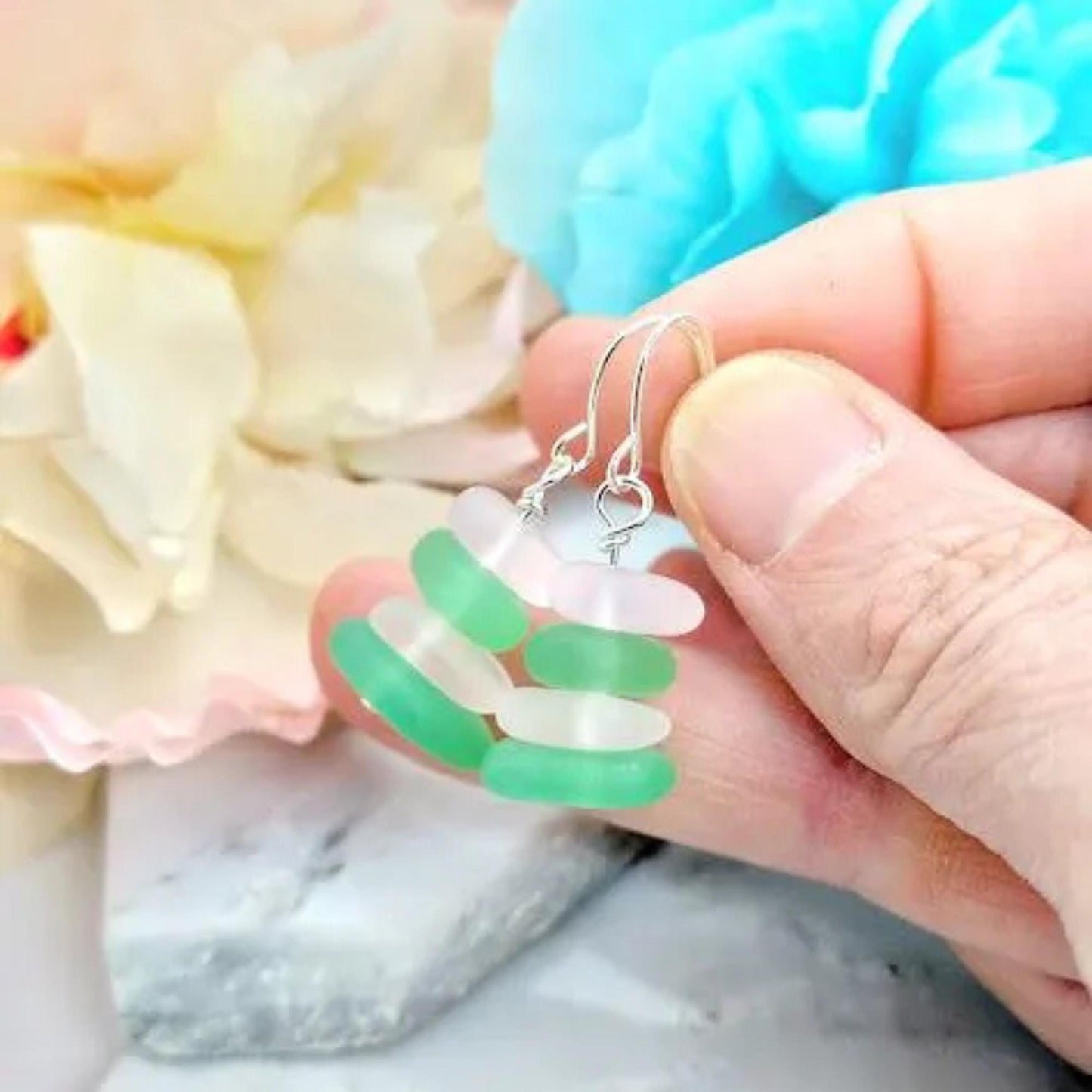 Pink & Green Sea Glass Earrings: Sterling Silver Dangle Earrings